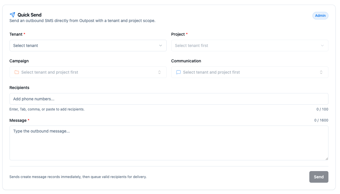 The Quick Send form on the dashboard home page