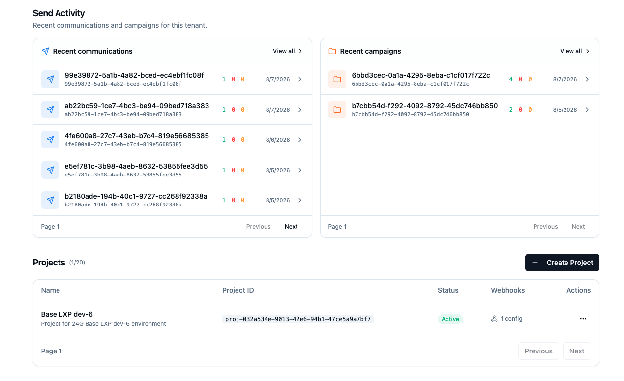 The Projects section of a tenant page