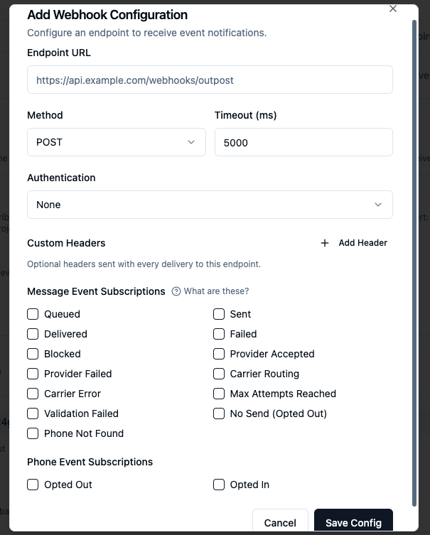 API Access, Compliance, and Webhook Configuration sections of a project